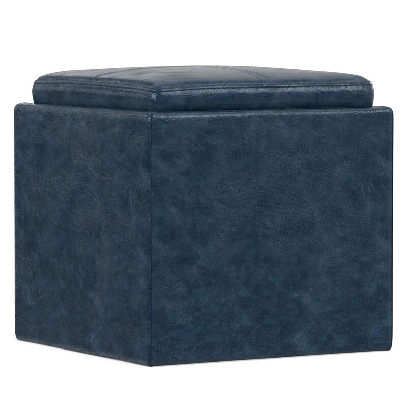 Rockwood 17 inch Wide Contemporary Square Cube Storage Ottoman with Tray in Denim Blue Vegan Faux Leather, Assembled image number 6