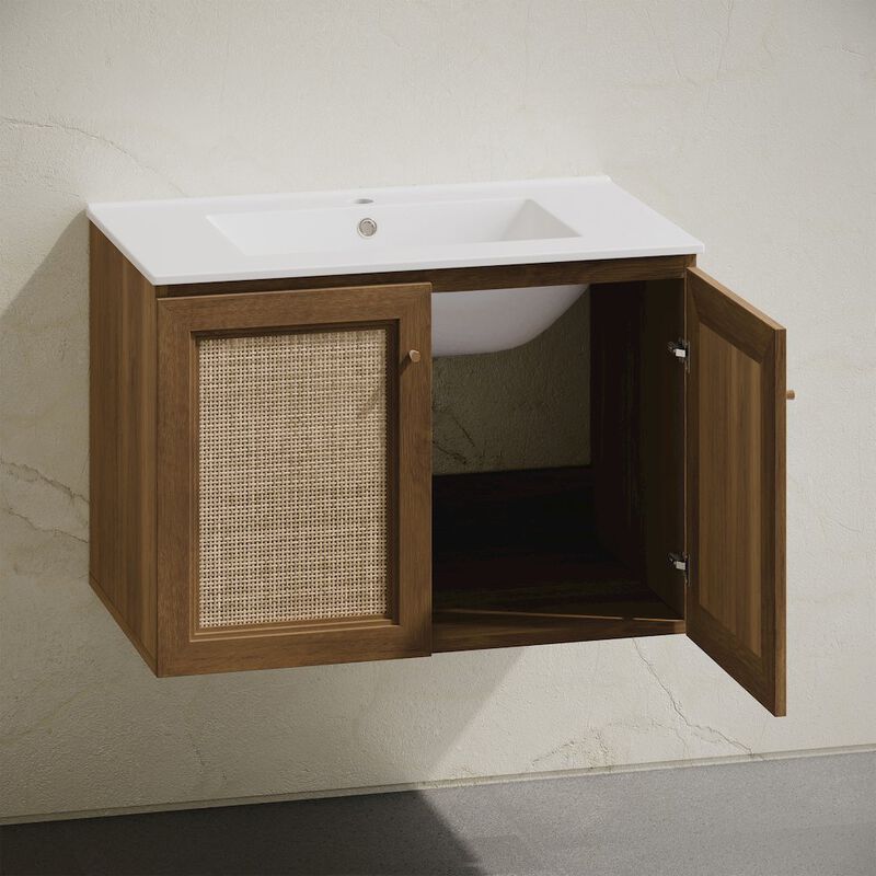 30" Wall-Mounted Bathroom Vanity in Brown Oak with Single Faucet Hole Vanity Top image number 5