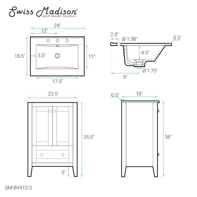 Cannes 24 in. White Bathroom Vanity with 3-Hole Ceramic Sink Top image number 4