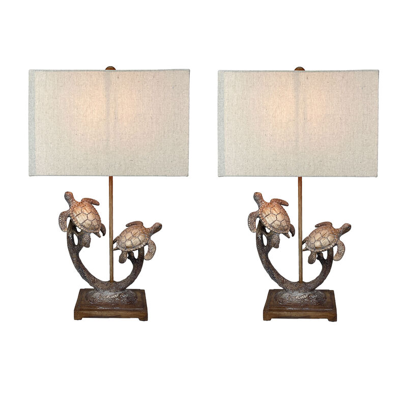 Set of 2 Double Sea Turtle Table Lamps Coastal Nautical Resin 27.75" w/Shades image number 0