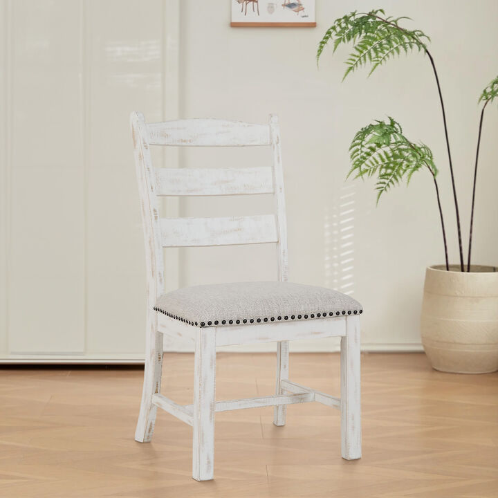 Zane 20 Inch Dining Chair, Set of 2, Beige Polyester Seat, Antique White - Benzara