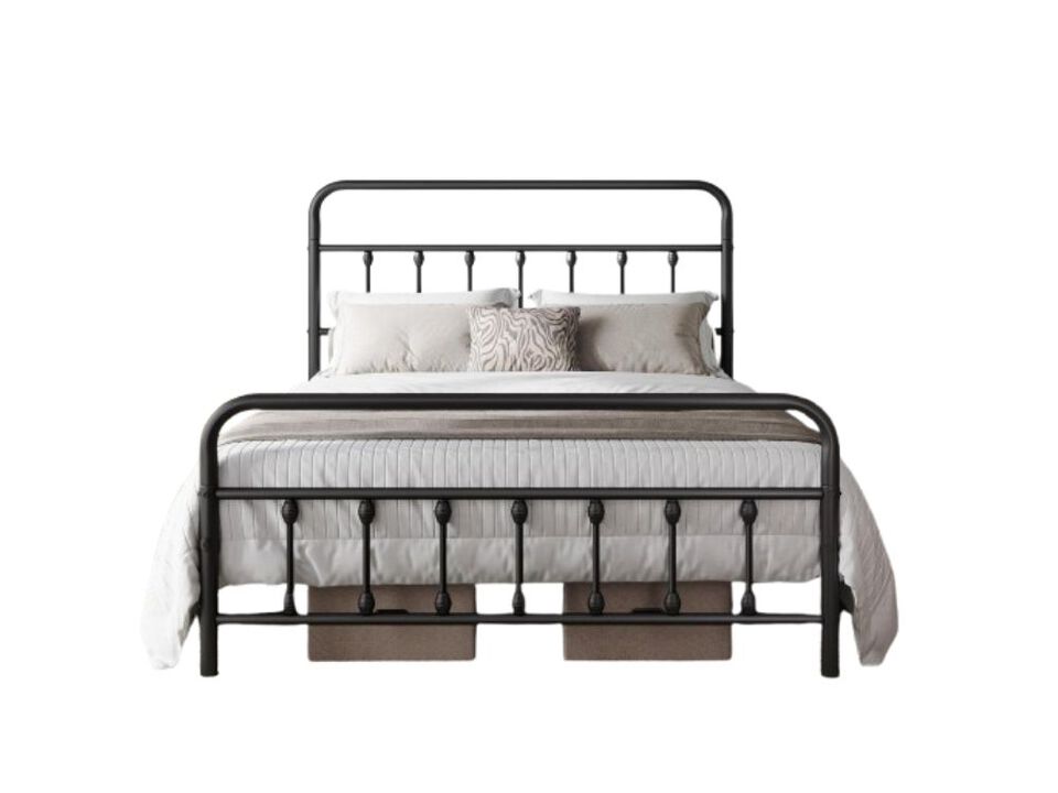 Classic Metal Platform Bed Frame Mattress Foundation With Victorian Style Iron-Art Headboard/Footboard/Under Bed Storage/No Box Spring Needed/Queen Size Black