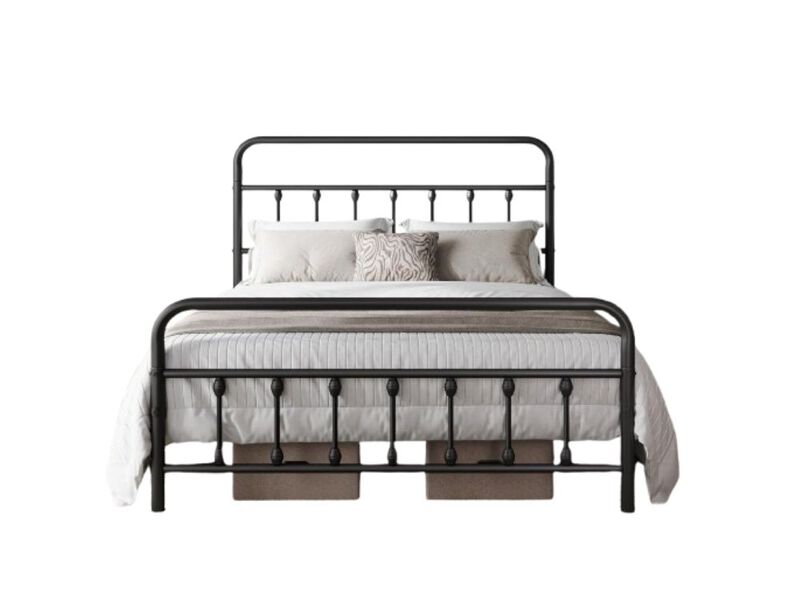 Classic Metal Platform Bed Frame Mattress Foundation With Victorian Style Iron-Art Headboard/Footboard/Under Bed Storage/No Box Spring Needed/Queen Size Black