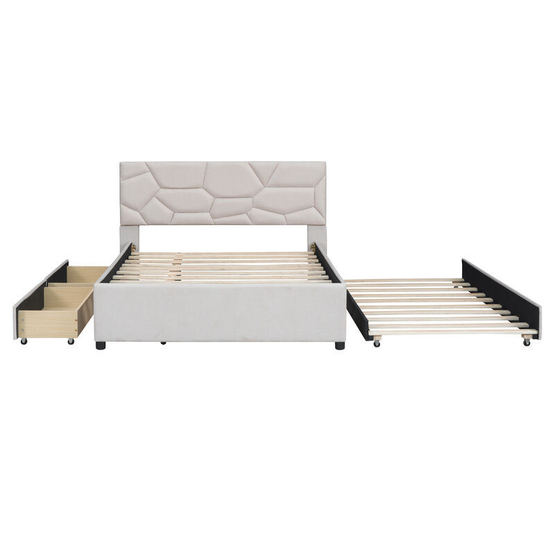 Merax Upholstered Platform Bed with Brick Pattern Headboard, with Twin XL Size Trundle and 2 drawers, Linen Fabric
