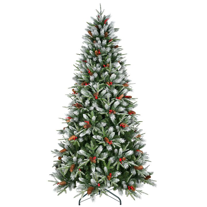 7.5 ft. Christmas Tree with 2514 Tips Snow Dusted Hinged with Red Berries Pine Cones and Metal Stand