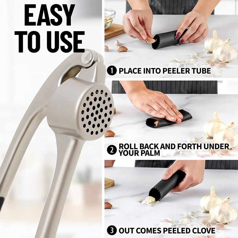 Easy to Squeeze Professional Grade Garlic Press and Peeler Set