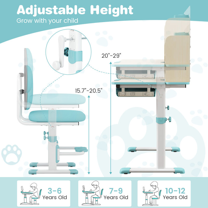 Height Adjustable Children School Home Study Table and Chair Set with Tilted Desktop for 3-12 Years Old