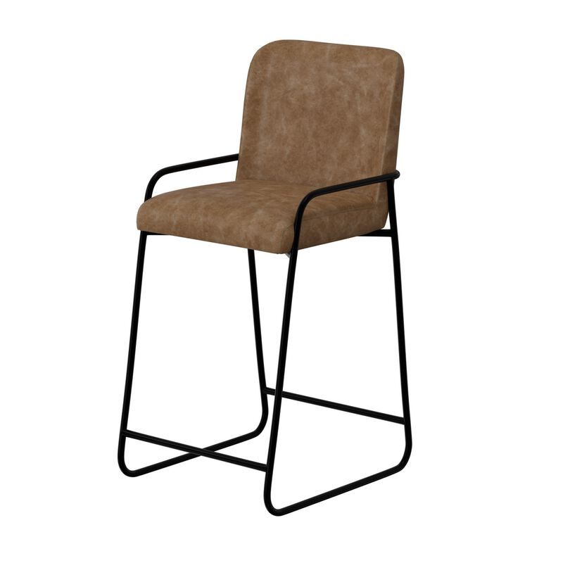 Suze Barstool Chair, Arched Back, Black Iron, Cognac Brown Faux Leather - Benzara