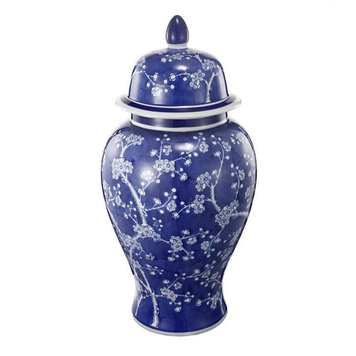 18 Inch Porcelain Ginger Jar, Finial Lid and Round Curved, Blue Flowers-Benzara