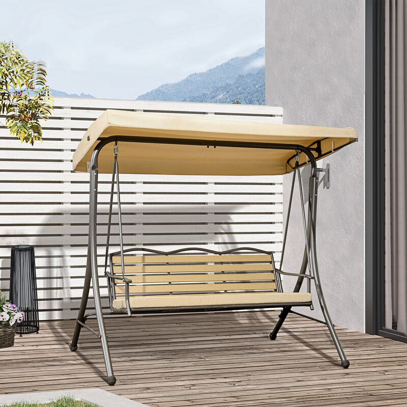 Outsunny 3-Seat Patio Swing Chair, Porch Swing Glider with Seat Cushion, Adjustable Canopy, Weather Resistant Steel Frame, for Porch, Garden, Poolside, Backyard, Beige