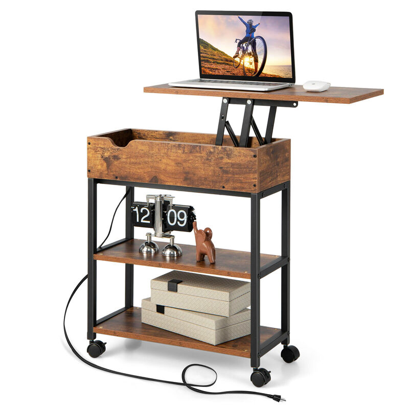 Lift Top End Table with Charging Station and Universal Wheels-Rustic Brown image number 0