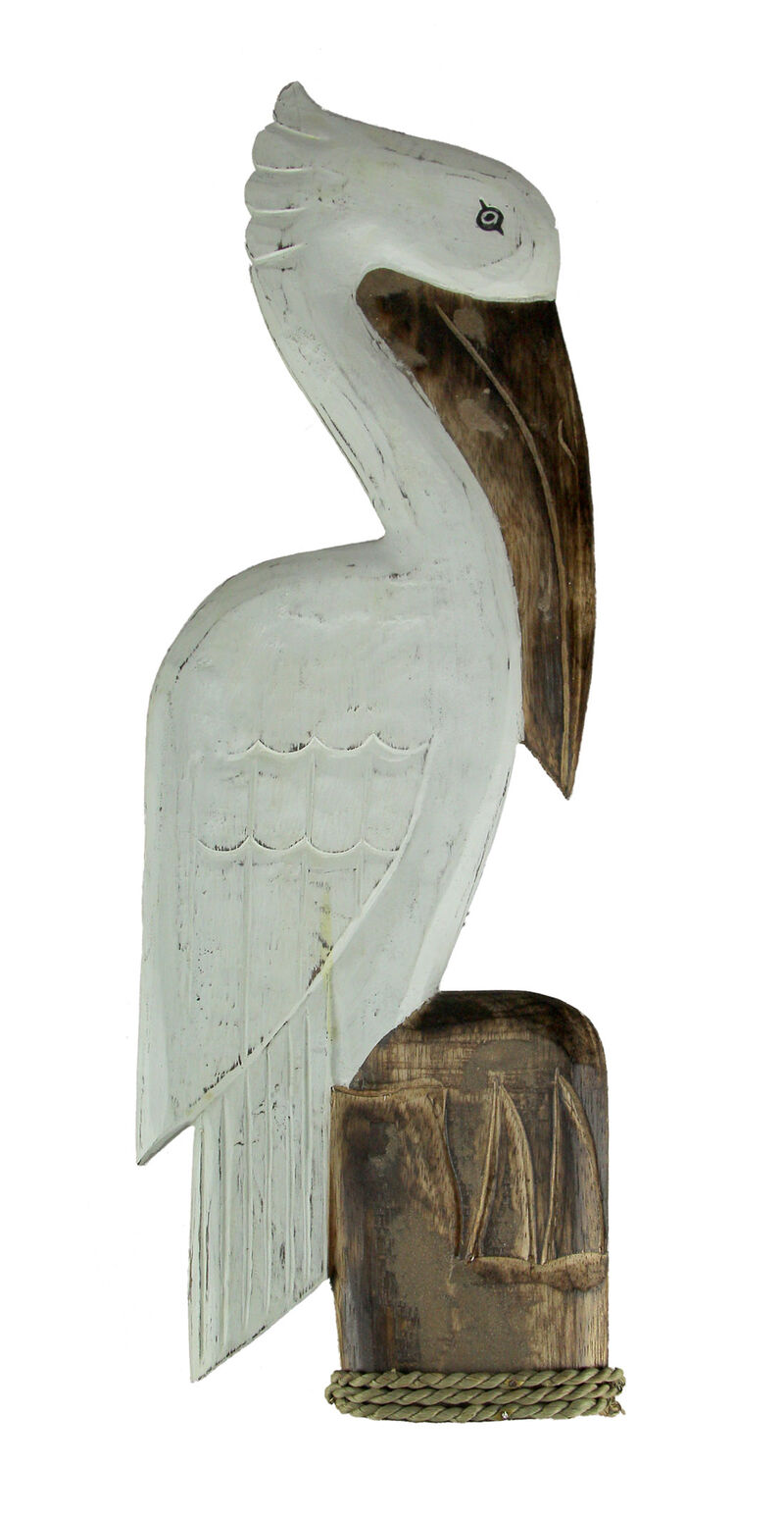 White Wood Coastal Pelican Perched On Nautical Piling Wall Sculpture 24 inch image number 0