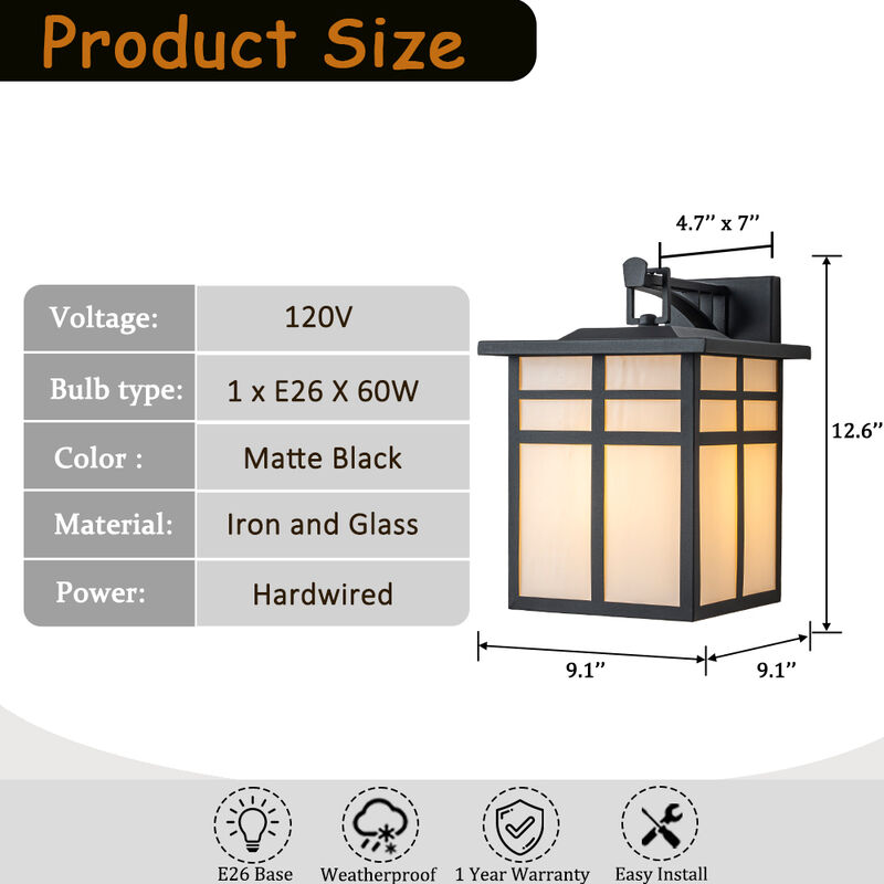 1-Light H13 in. Modern Farmhouse Black Outdoor Wall Lantern with Frosted Glass Exterior Wall Sconce for Porch Entryway Garage image number 5