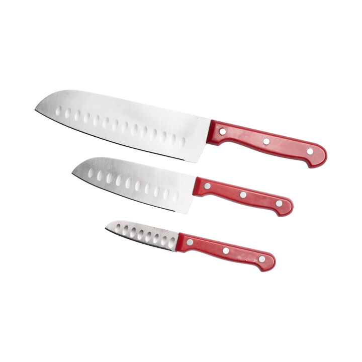 3 pc. Cutlery Santoku Knife Set with Red Handles