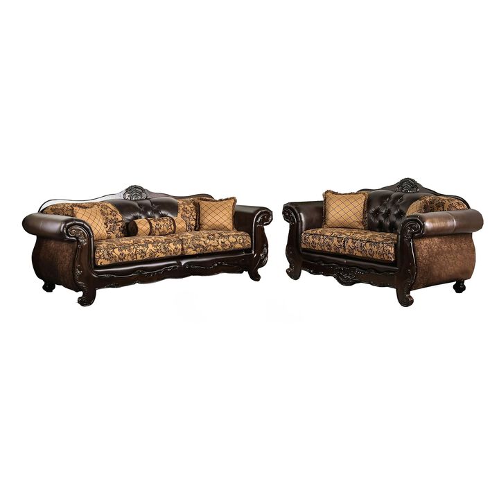 Quo 2pc Sofa Loveseat Set, Tan, Dark Brown Chenille, 4 Accent Pillows  - Benzara