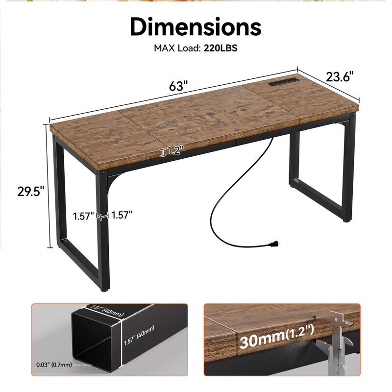 63" Computer Desk with Power Outlets, 1.2" Thick Desktop, Metal Frame, Home Office & Gaming Desk image number 1