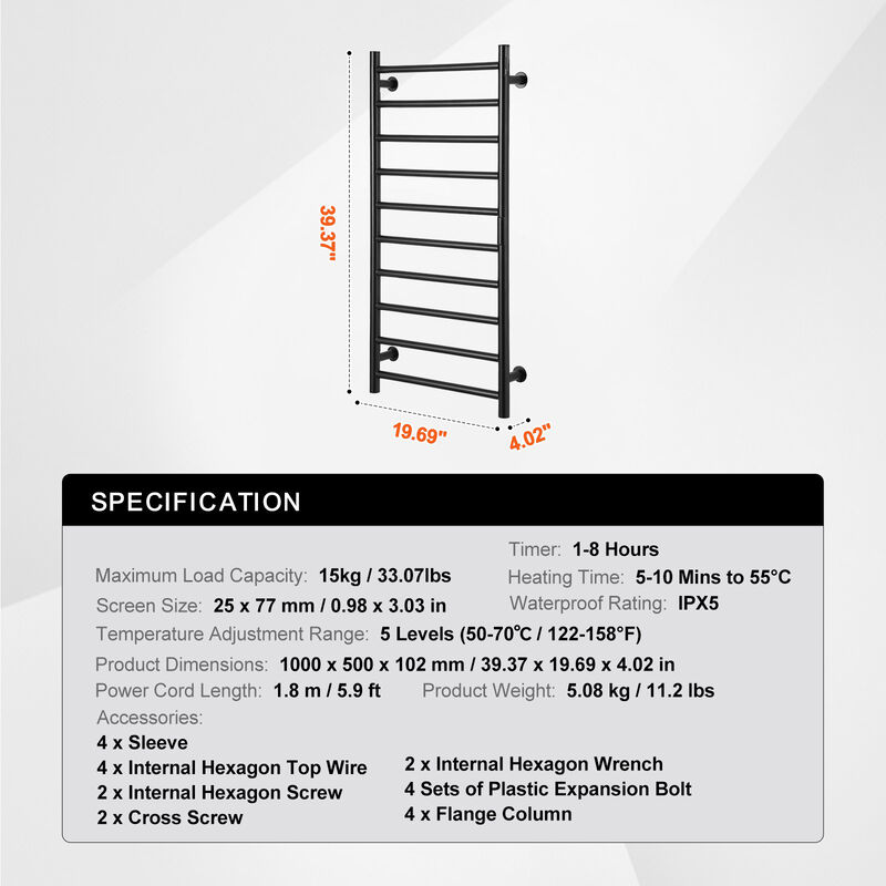 10-Bar Towel Warmer Rack Wall Mounted Heated Towel Rack for Bathroom
