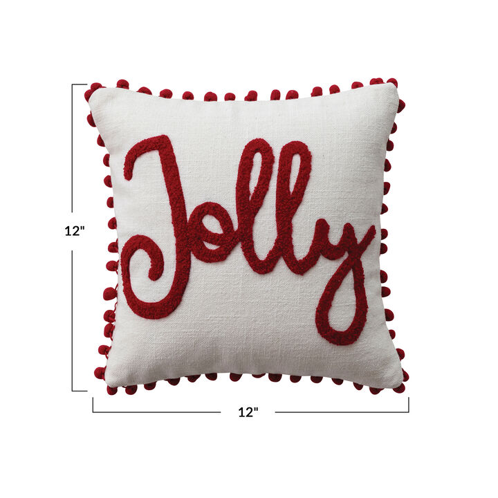 Jolly Embroidered Cotton Slub Pillow with Pom Pom Trim, Red & White