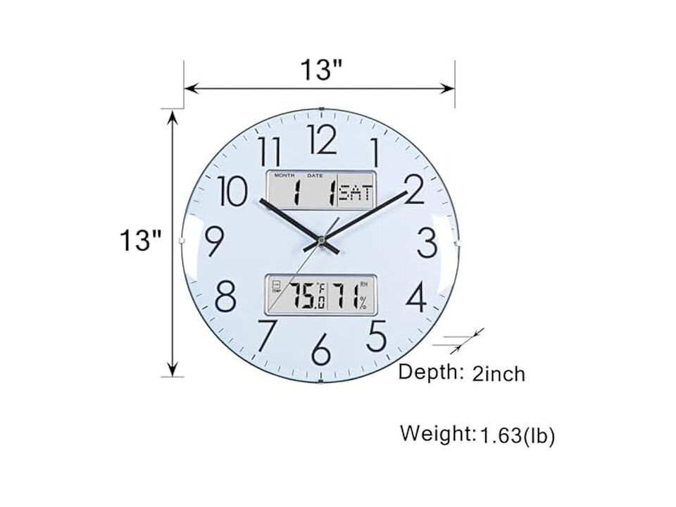 Calendar Temperature Humidity White Wall Clock Silent Home Decor