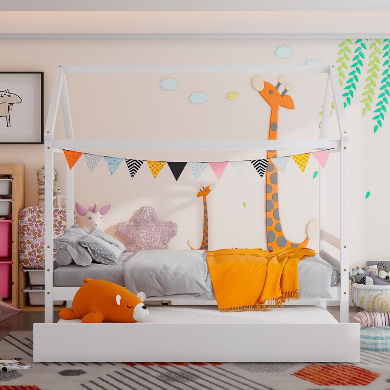 Kids Bedroom Wooden Bed Frame with Roof &ndash; Platform Bed for Boys & Girls