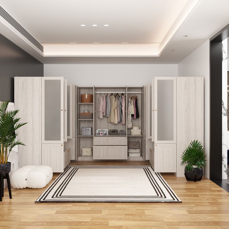 FUFU&GAGA Modular Wardrobe Closet System with Frosted Glass Doors, Gold Handles, Hanging Rods & Drawers,(133.4" W x 98.4" D x 70.9" H),White