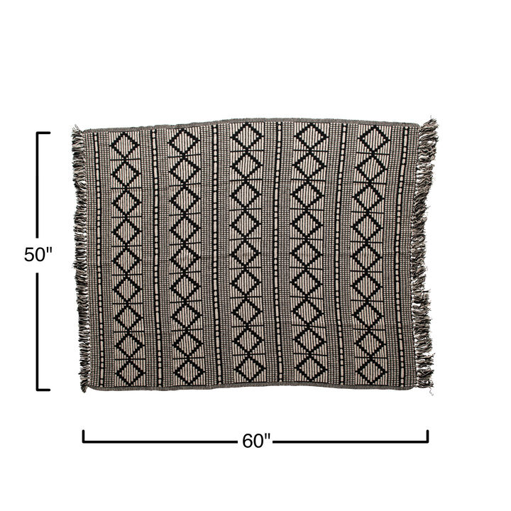 Soft Reclaimed Cotton Blend Throw with Diamond Pattern and Fringe, Black and Beige