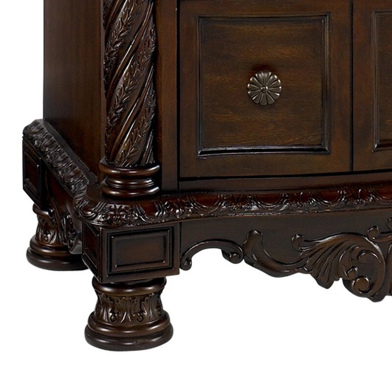 Nightstand with 3 Drawer and Ornate Carved Applique, Brown-Benzara