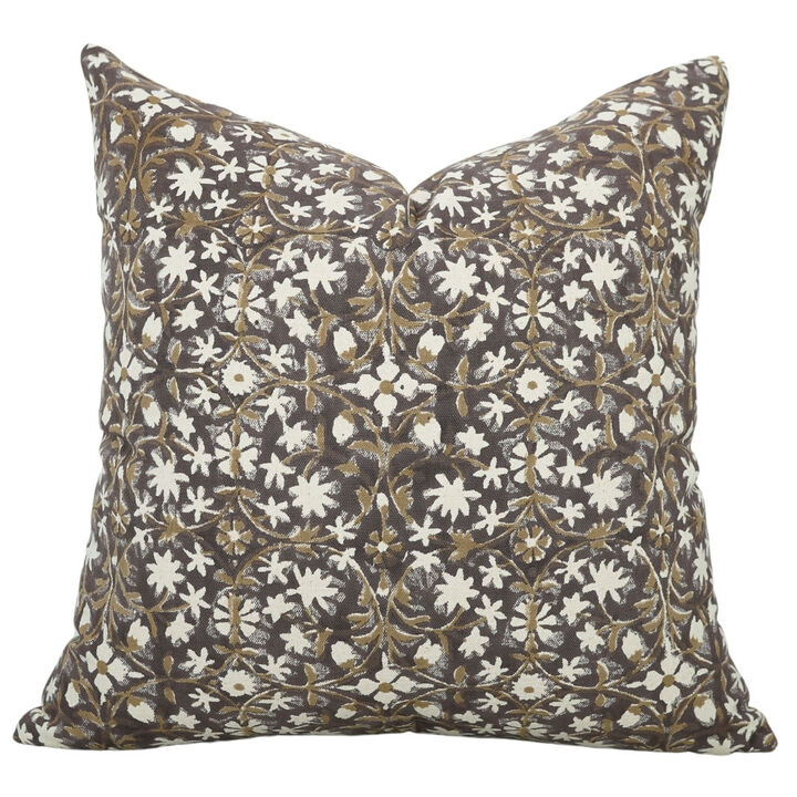 Fabdivine Vintage Floral Duck Canvas Chocolate Brown Block Print Throw Pillow Cover es Home D&eacute;cor Accent, Mahalaxmi