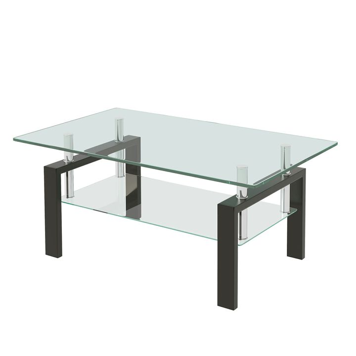 HomeRoots 39" Clear and Black Glass and Steel Coffee Table With Shelf