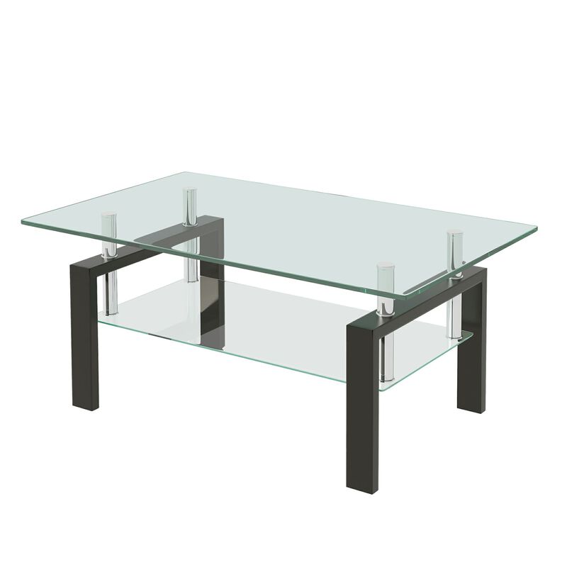 HomeRoots 39" Clear and Black Glass and Steel Coffee Table With Shelf