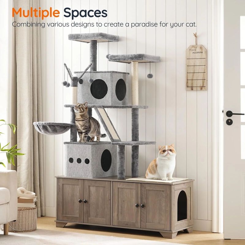 Double Cat Litter Box Hideaway with Integrated Cat Tree, Bed, and Hammock- Greige image number 3