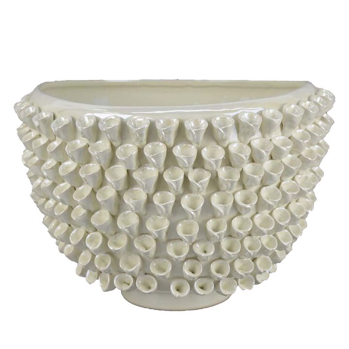 Modern Decorative Bowl, 3D Texture Embellished White Ceramic, 14 Inch - Benzara