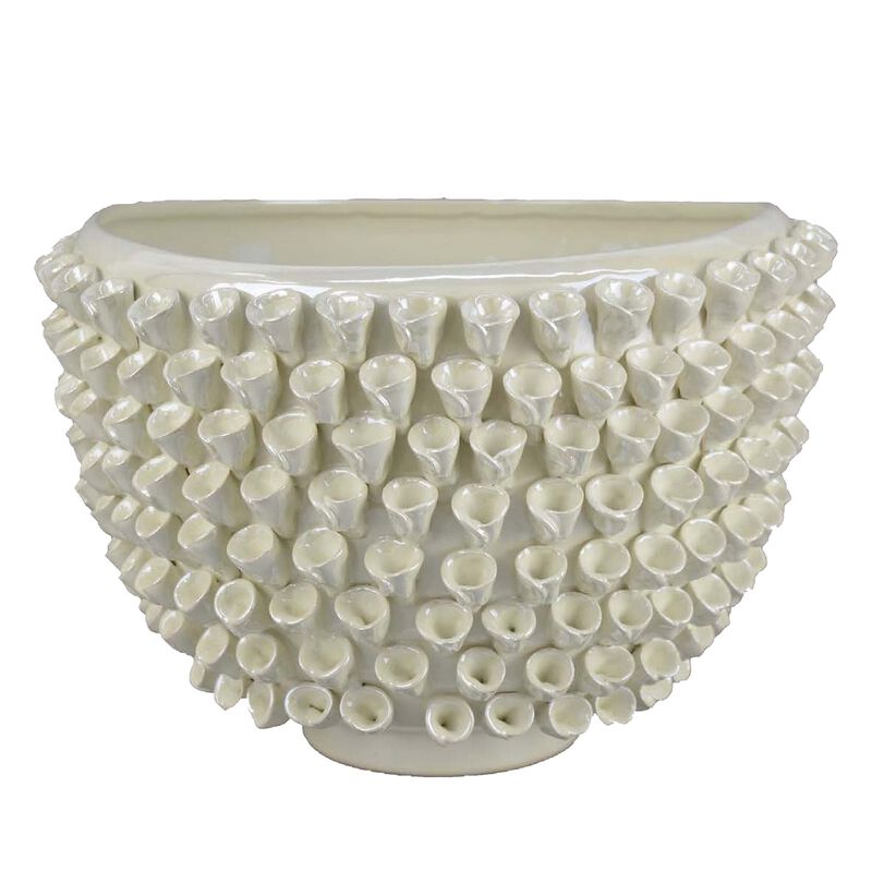 Modern Decorative Bowl, 3D Texture Embellished White Ceramic, 14 Inch - Benzara