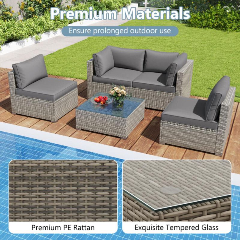 Hivvago 5-Piece Outdoor Patio Sectional Sofa Couch and Glass Coffee Table with Cushions