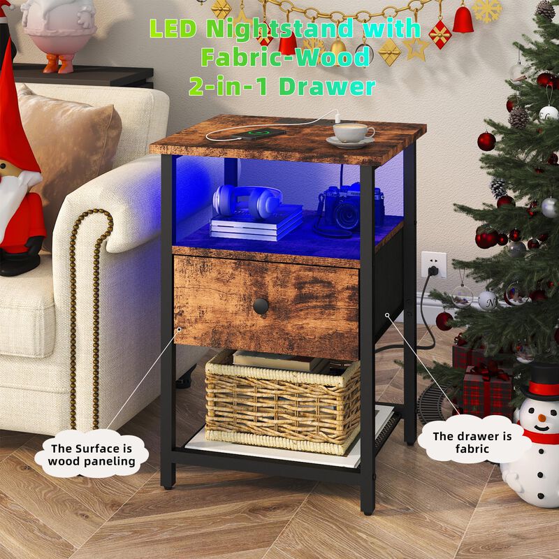 HDDDZSW LED Nightstands Set of 2 with Charging Station, Bedside Tables with USB Ports and Outlets, End Table with Fabric-Wood 2-