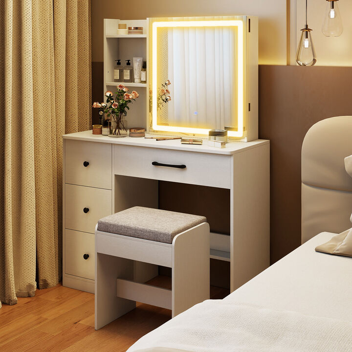 Vanity Table and Chair Set with Sliding LED Mirror and 4 Drawers-White