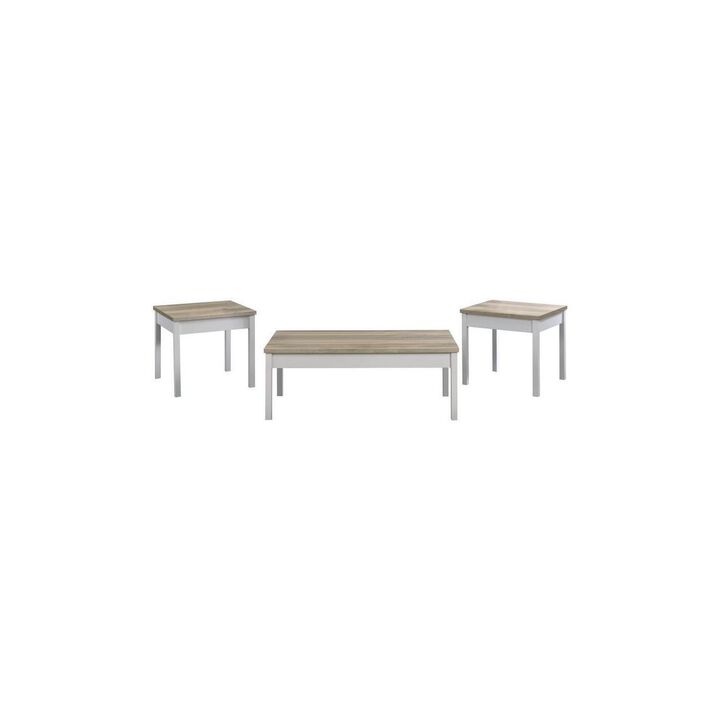 Benjara Jessie 3pc Coffee and End Table Set, Modern Top, Frame, Light Brown and White