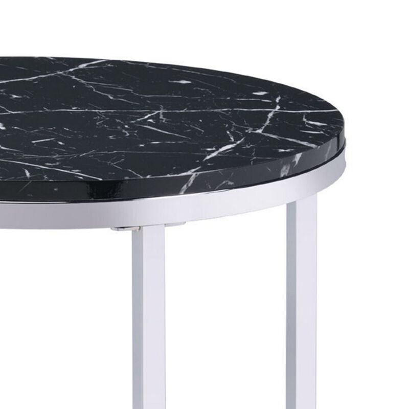 End Table with Round Faux Marble Top and Glass Shelf, Black-Benzara