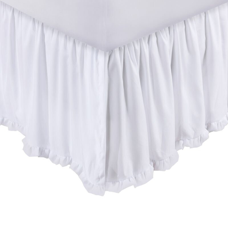 Mora Queen Bed Skirt, Polyester Platform, Ruffle Edge Split Corners, White  - Benzara image number 1