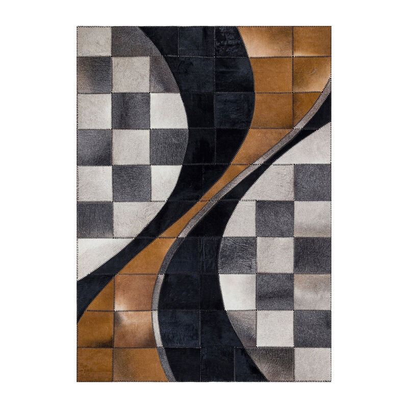 Beige and Gray Cowhide Geometric Patchwork Rug image number 0