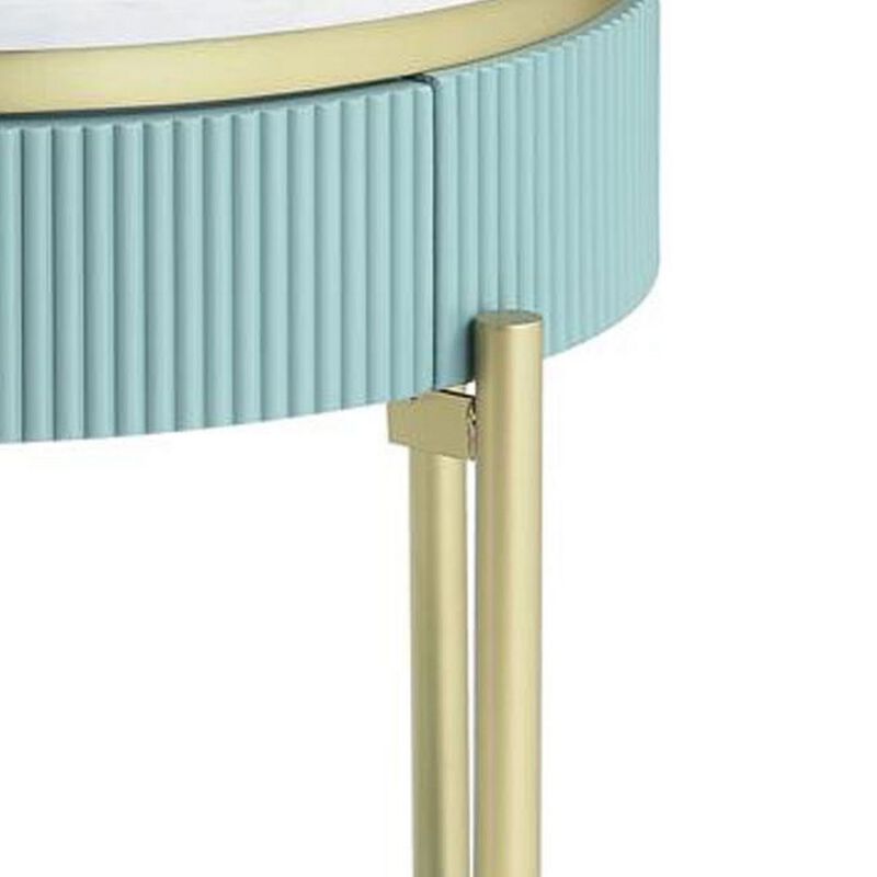 Ville 23 Inch Round Side End Table, White Faux Marble Top, Teal Reeded Edge - Benzara