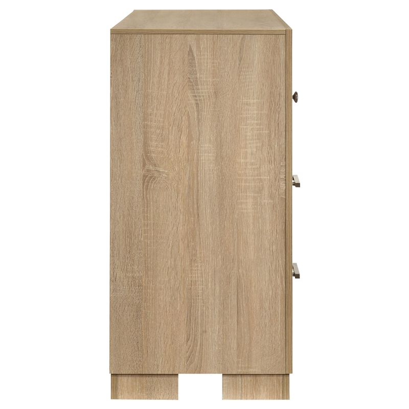 Poxy Wide Dresser with 6 Drawers, Nickel Metal, Oak Brown Wood image number 3
