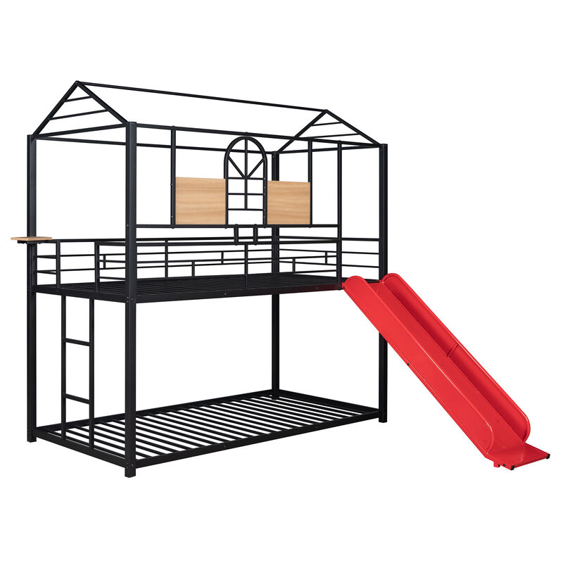 Twin Over Twin Metal Bunk Bed ,Metal Housebed With Slide- Black and Red