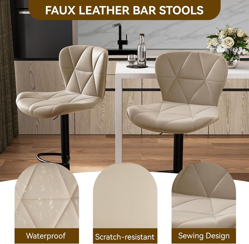 Faux Leather Swivel Bar Stools Set of 2, Adjustable Counter Height Kitchen Chairs, Iron Frame High Backrest 360&deg; Barstools for Kitchen Counter, Outdoor image number 3
