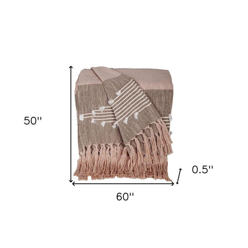 HomeRoots 50" X 60" Brown and Tan Woven Cotton Striped Throw Blanket with Fringe and Embroidery image number 4
