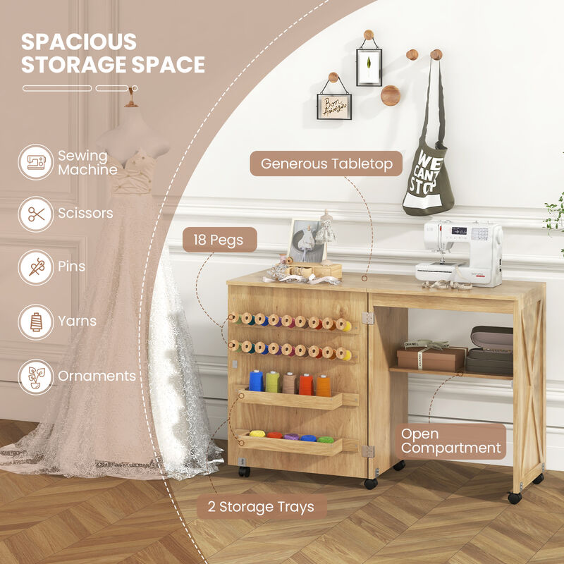 Folding Sewing Table with Storage Shelf and 5 Lockable Wheels for Craft Room Mobility