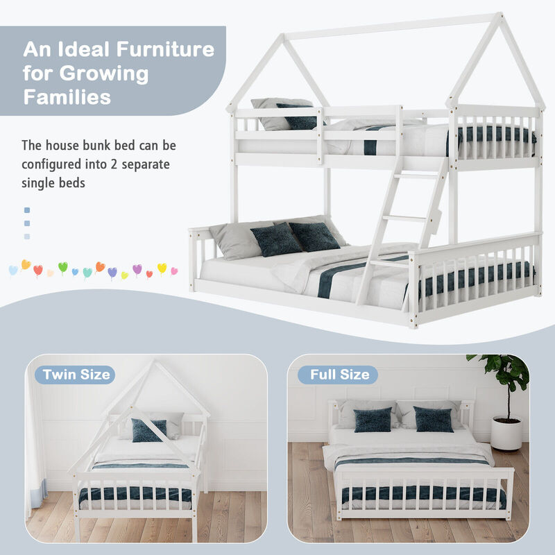 Twin Over Full House Bunk Bed with Ladder and Guardrails