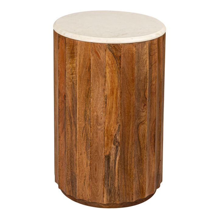 Round Mango Wood Fluted Side Table with Marble Top