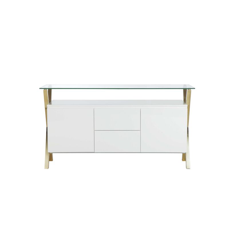 Tia Sideboard Buffet Console, 63 Inch Glass Top, White Lacquer, Gold - Benzara