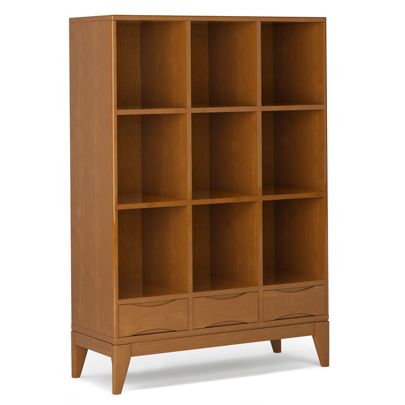 Harper SOLID HARDWOOD 58 inch x 42 inch Mid Century Modern Cube Storage Bookcase with Drawers in Teak Brown